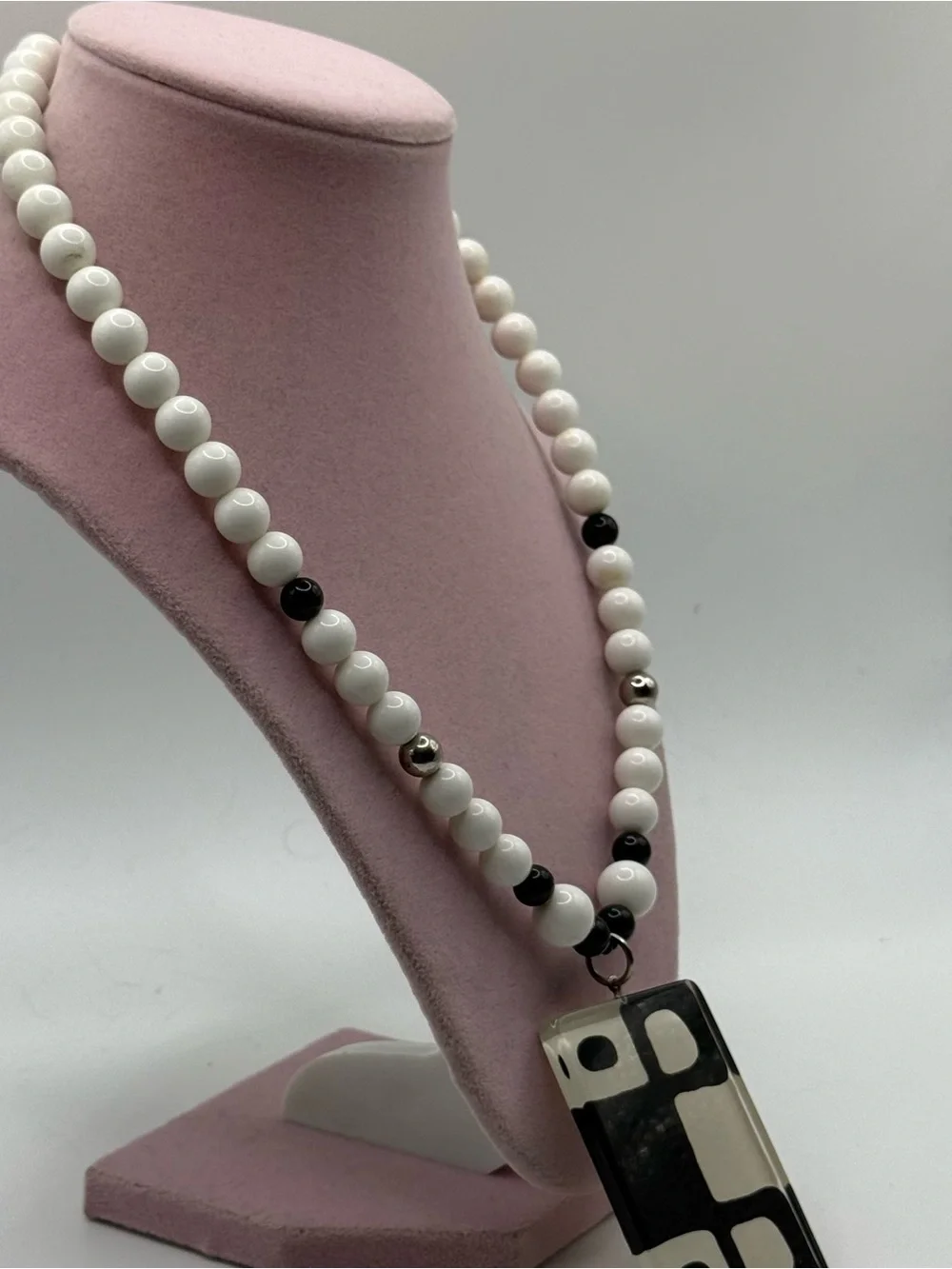 White and Black abstract Beaded Pendant Necklace